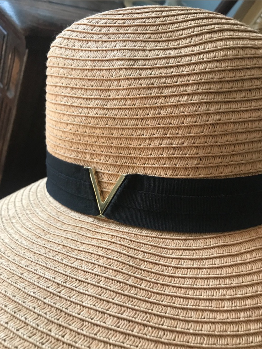 Tan Straw Sun Hat with Black Band and Gold Accent